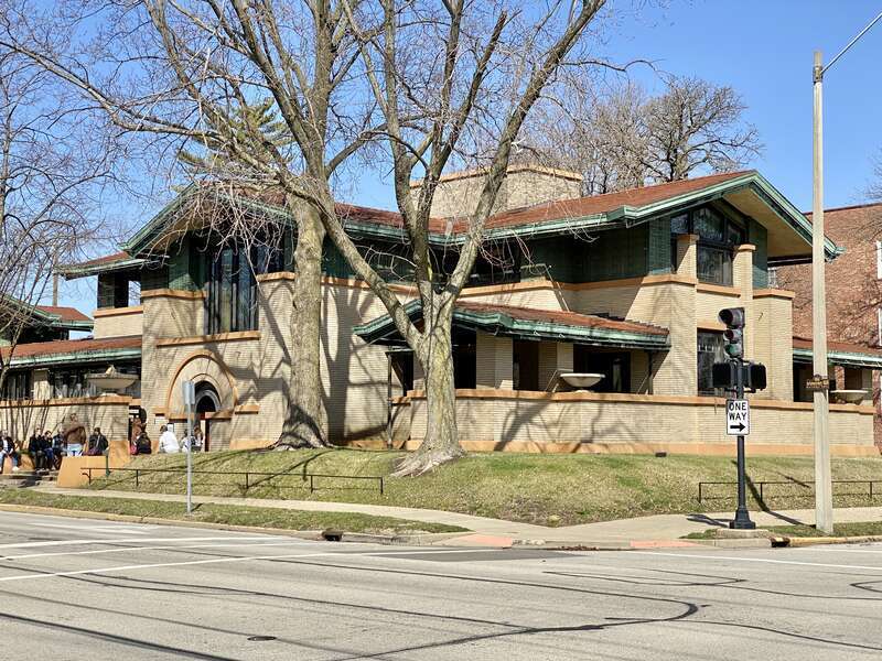 Built in 1902-1904, this Prairie-style house was designed by Frank Lloyd Wright for Susan Lawrence Dana, as a renovation of an Italianate-style house built in 1868-1869, which was completely surrounded by new construction and heavily modified.  The