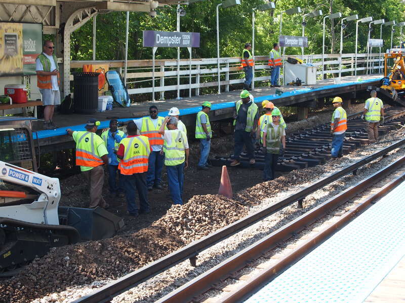 Track work at Dempster station in July 2013