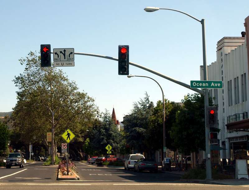 Historic downtown Lompoc, California at East Ocean Avenue and North H Street.  View from the southbound lane of North H Street, looking south.This photograph was taken with an Olympus E-510 DSLR camera and edited (color balance, saturation,