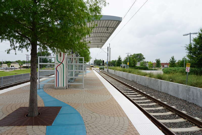 A DART Light Rail Blue Line train at Downtown Rowlett Station in Rowlett, Texas (United States).