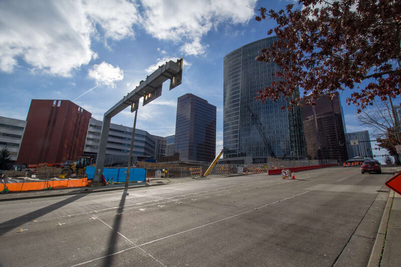 Looking at the site of the future Bellevue Downtown Station; between Bellevue City Hall and the Meydenbauer Center.  Bellevue Transit Center is barely visible on the right side.