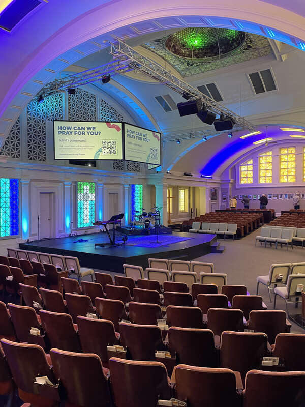 The sanctuary of Cornerstone Church - Heritage Hill Campus, built as First Church of Christ Scientist, in Grand Rapids, Michigan.