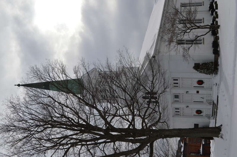 Front and western side of the First Congregational Church of Cuyahoga Falls, located at 130 Broad Boulevard in Cuyahoga Falls, Ohio, United States.  Built in 1847, it is listed on the National Register of Historic Places.