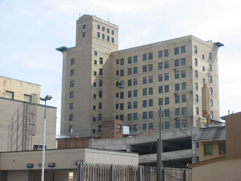 Northern side (rear) of the First National Bank and Trust Building, located at 43-53 Public Square in downtown Lima, Ohio, United States.  Built in 1926, it is listed on the National Register of Historic Places.