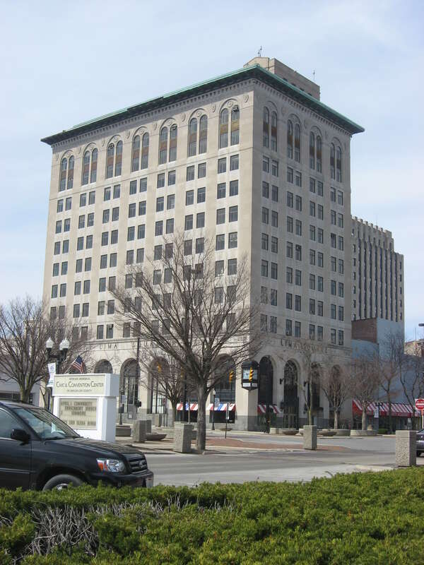 Front and southern side of the First National Bank and Trust Building, located at 43-53 Public Square in downtown Lima, Ohio, United States.  Built in 1926, it is listed on the National Register of Historic Places.