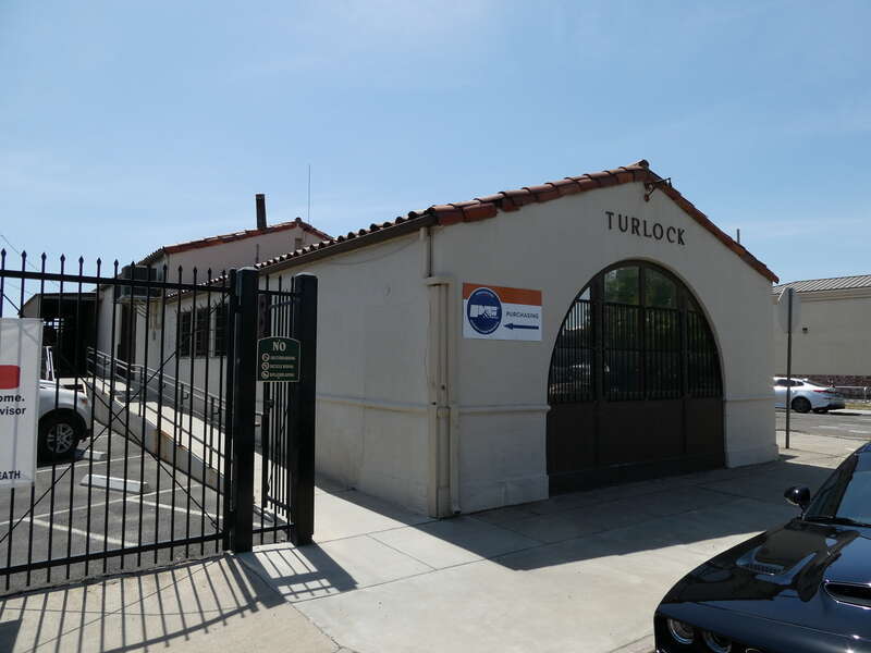 The former Turlock freight house of the Tidewater Southern Railway, seen in May 2022