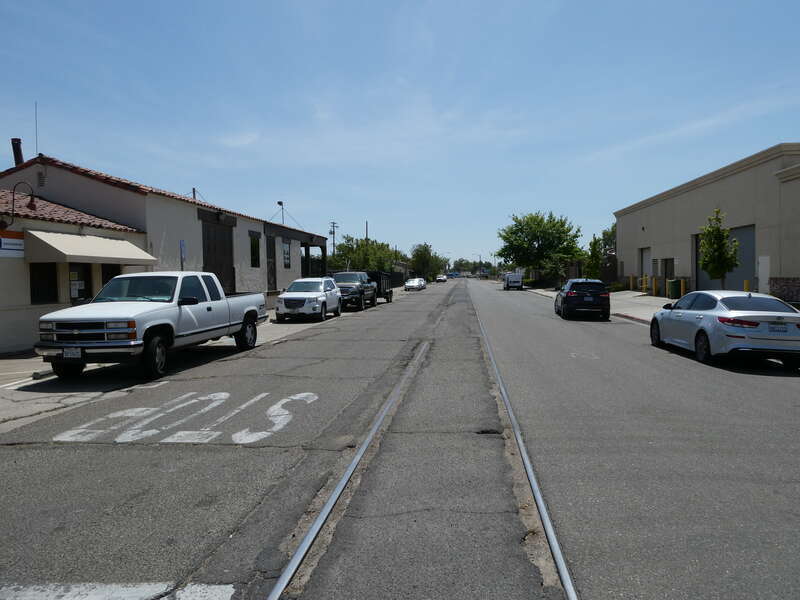 The former Turlock freight house of the Tidewater Southern Railway, seen in May 2022