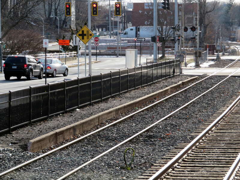 Remains of the former platform at Meriden station, which was removed around 2010 to add a sidewalk, in December 2017
