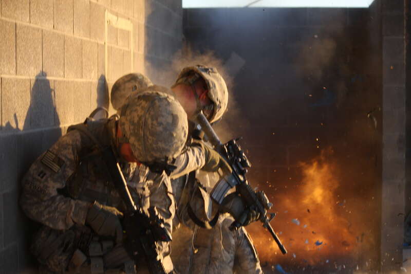 Officers of 1st Stryker Brigade Combat Team, &quot;Ready First&quot; 1st Armored Division, participate in an urban combat exercise at a training facility on Fort Bliss, Texas, May 11-12.