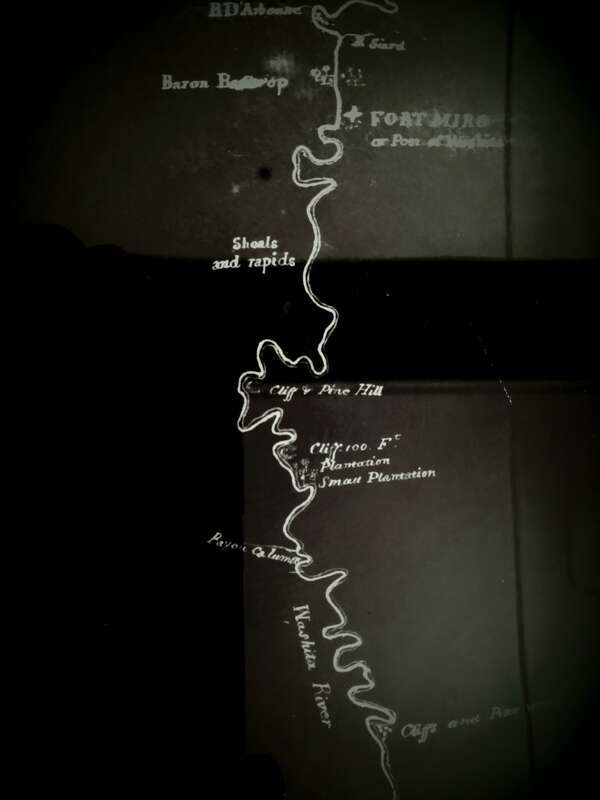 Shows bayous including the mouth of Bayou Desiard, forts, settlements, river features, plantations, etc.