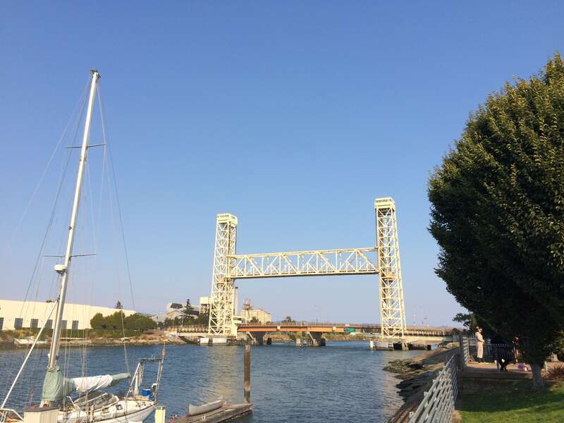 Fruitvale Avenue vertical-lift railroad bridge across the Oakland Estuary, connecting the towns of Oakland &amp;amp; Alameda, CA, USA