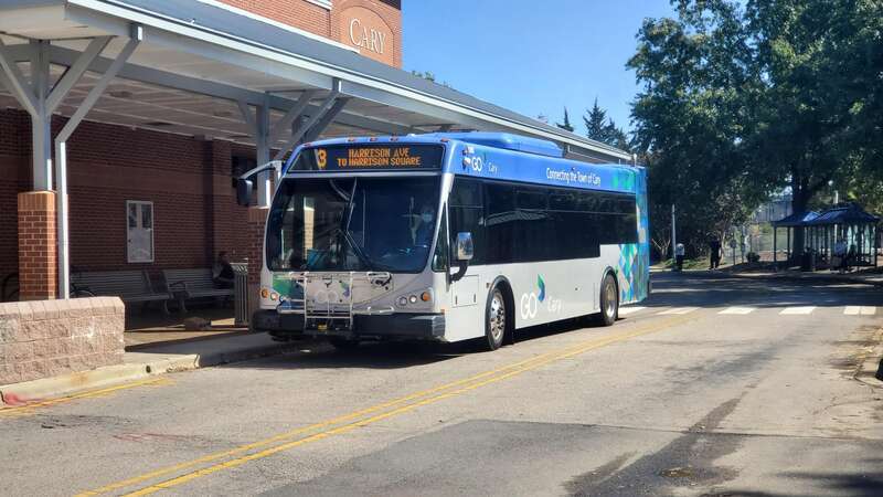 Here is a 2015 ElDorado E-Z Rider BRT #1505 operating on GoCary's 3 route in Cary Station, about to leave for Harrison Square.