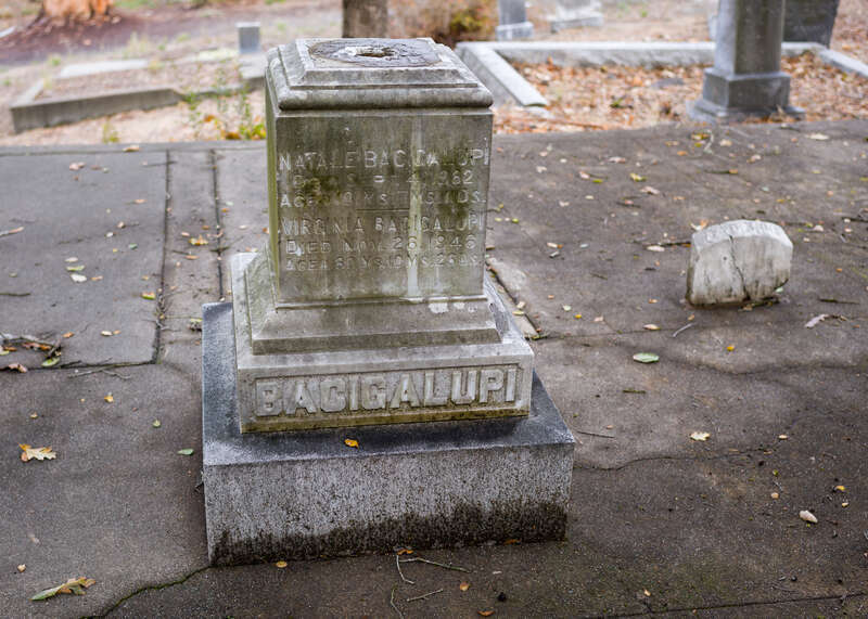 Grave of Natale Bacigalupi (1861–1962), one of the directors of the Bank of Italy, now Bank of America, on the Santa Rosa Rural Cemetery in Sonoma County, California, on December 1, 2022.