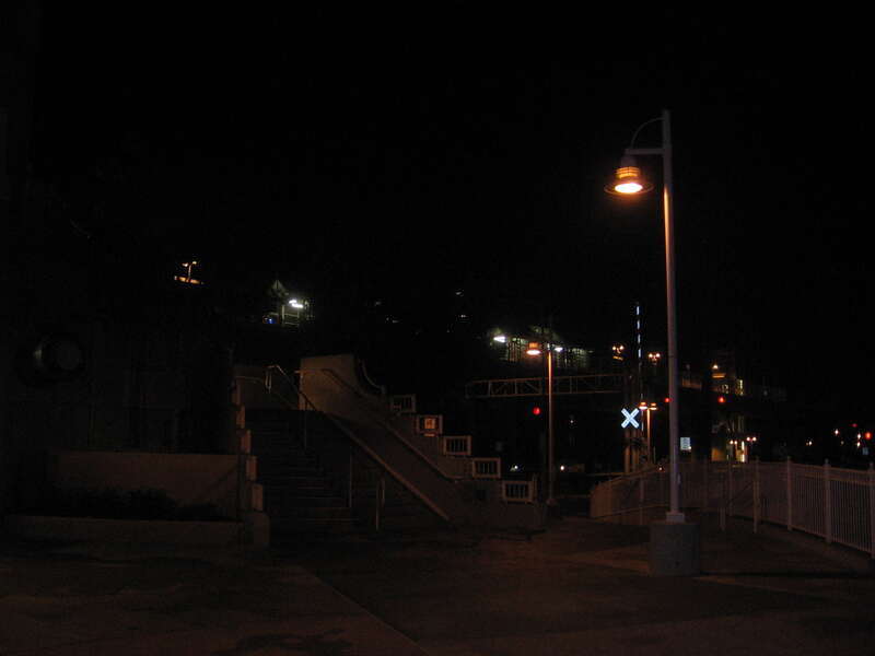 Nighttime stairwell at the Great Mall / Main Transit Center in Milpitas, California, USA.