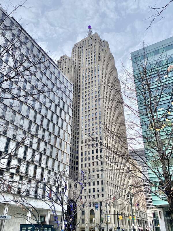 Built in 1927-1928, this Art Deco and Romanesque Revival-style skyscraper was designed by Wirt C. Rowland and Smith, Hinchman and Grylls, and was named for the indigenous Penobscot tribe that once inhabited Maine.  The building was the tallest in