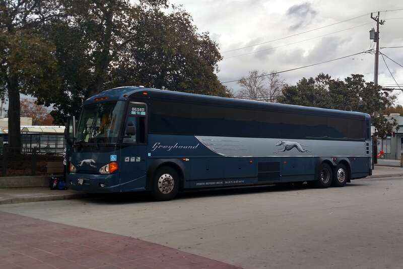 Greyhound bus at Santa Cruz Metro Center in November 2019