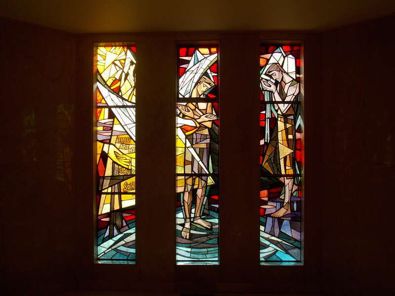 Stained glass windows in a side chapel of Guardian Angel Cathedral in Las Vegas.