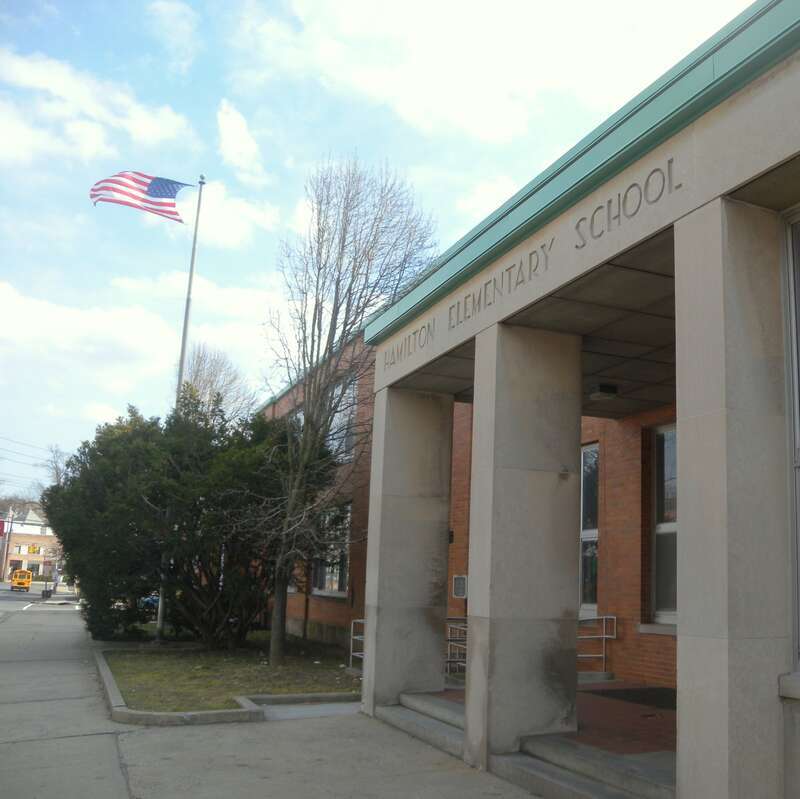 Looking southeast from Oak Street at Hamilton Elementary.