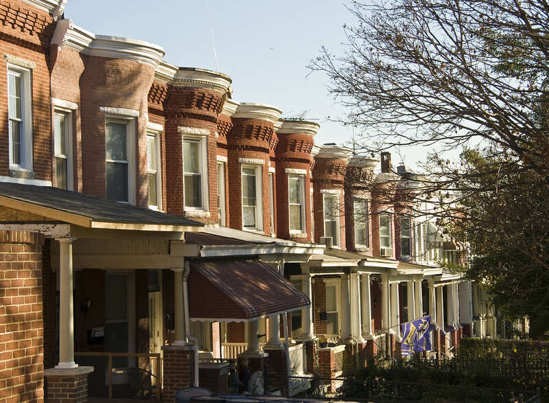 Rowhouses on Roland Avenue south of 36th St. in Hampden, Baltimore, Maryland, USA