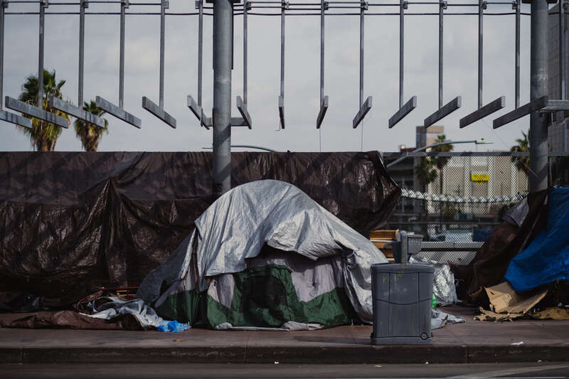 Homeless encampment in Downtown Los Angeles over the freeway