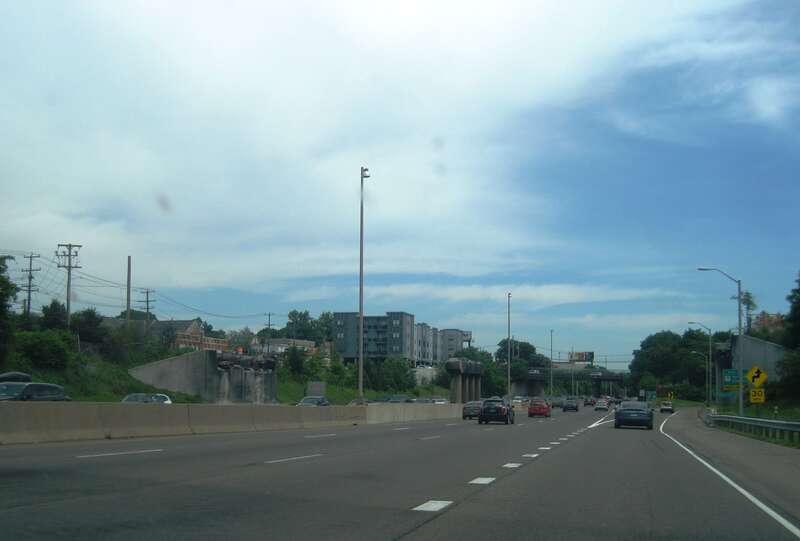 Photo of northbound Interstate 95 (Governor John Davis Lodge Turnpike) in Norwalk, Connecticut at the site of the former Fairfield Avenue overpass. The overpass was damaged after a May 2, 2024 tanker truck crash and fire. The overpass was
