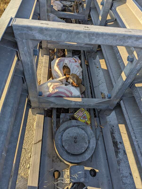 Impact attenuator near the Tanforan Shopping Center in San Bruno, California. This is next to a freeway on ramp from El Camino Real.