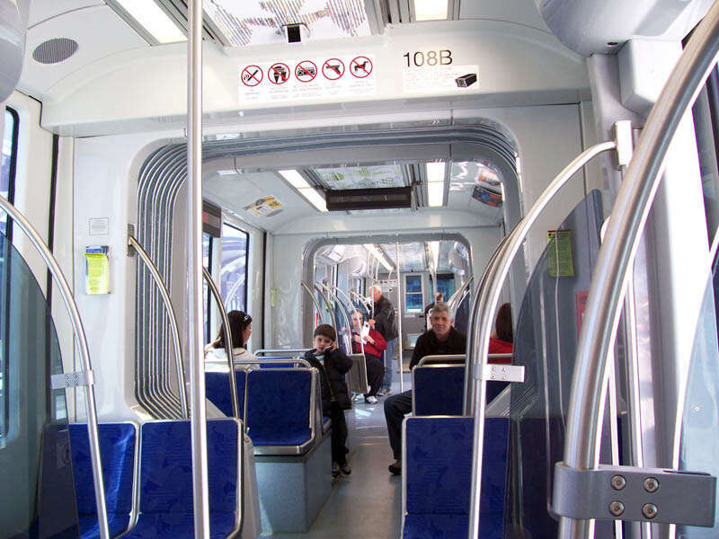 Interior of Charlotte Area Transit System Lynx Blue Line light-rail car 108, a Siemens S70.