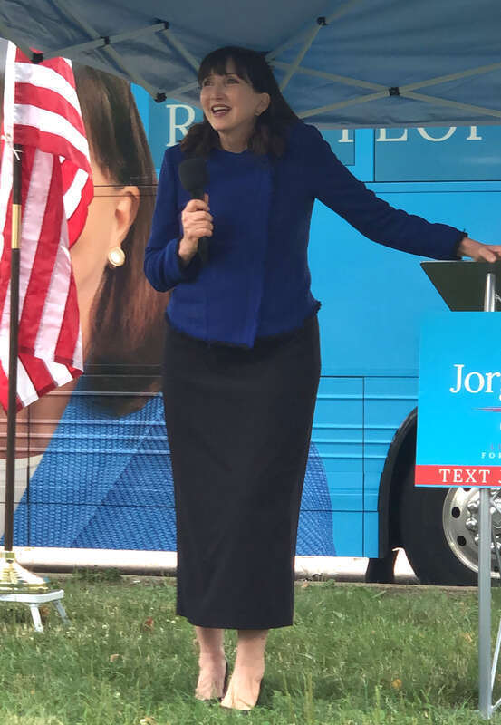 2020 Libertarian presidential nominee Jo Jorgensen taking questions following her stump speech at a bus tour campaign event in Pittsburgh, Pennsylvania