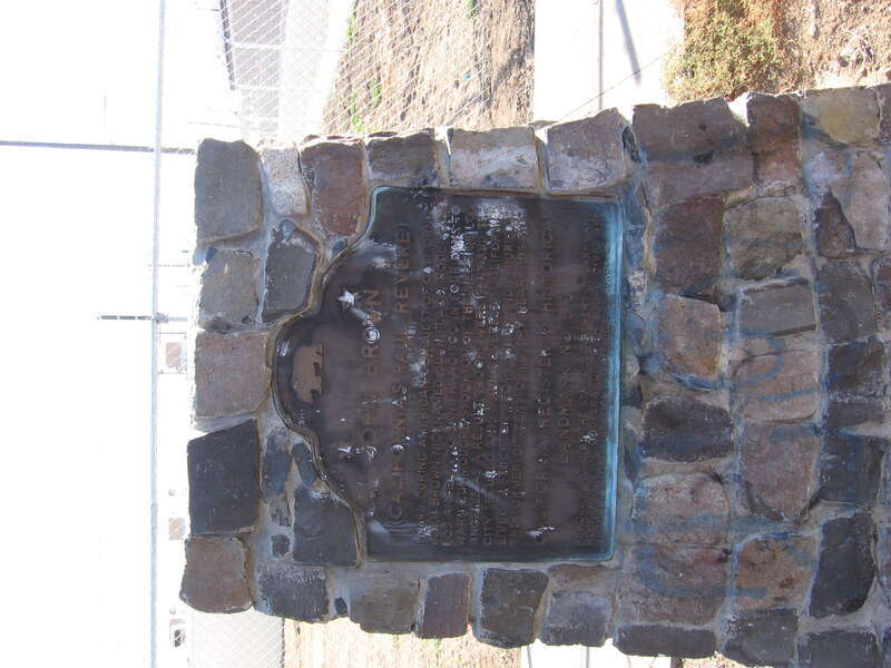 California Historical Landmarks plaque at the burial site of John Brown (Juan Flaco)  — in Stockton, California. 
Brown was a Stockton resident from 1851 to 1859.
He is notable for his four-day ride from Los Angeles to San Francisco to warn Commodore