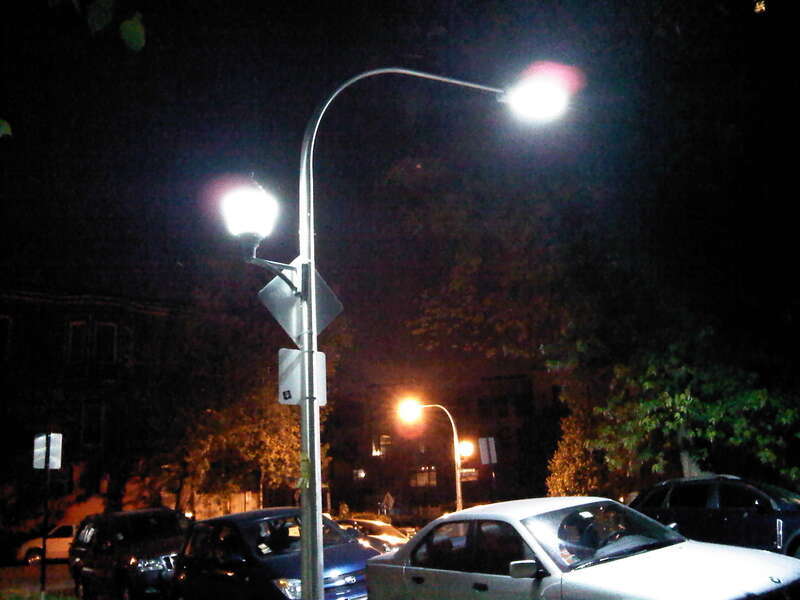 1300 block N Wicker Park Ave, &quot;white light trial.&quot; The pedestrian lights at the side make it hard to tell whether these are better with regard to skyward light bleed, but I imagine that they are. With any luck, Chicago's jaundiced glow will be