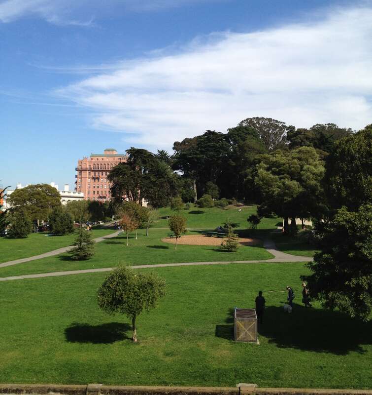 Photograph of the northwestern quadrant of Lafayette Park, looking east from the park's western edge, taken from the third floor of the Lafayette Manor Apartments building.