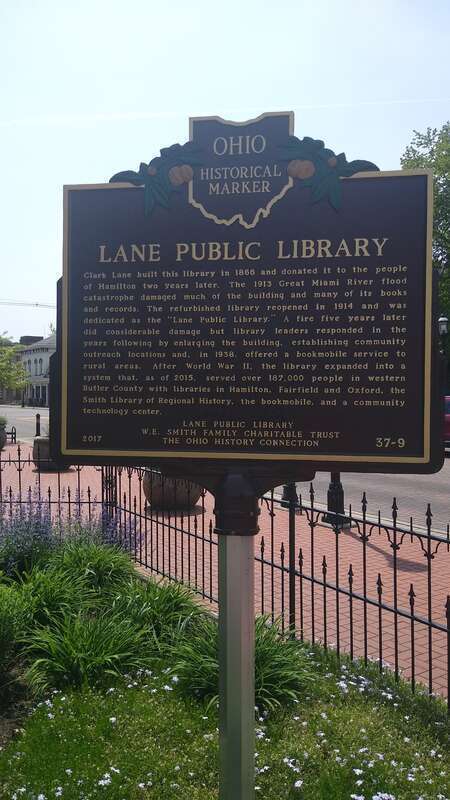 Ohio Historical Marker 37-9, describing the history of the Lane Public Library, including its historical struggles and recent expansion.