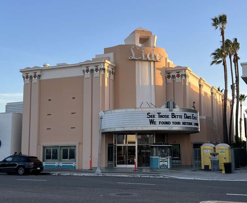 The Lido Theater in Newport Beach in 2024, amidst its indefinite closure for renovations.