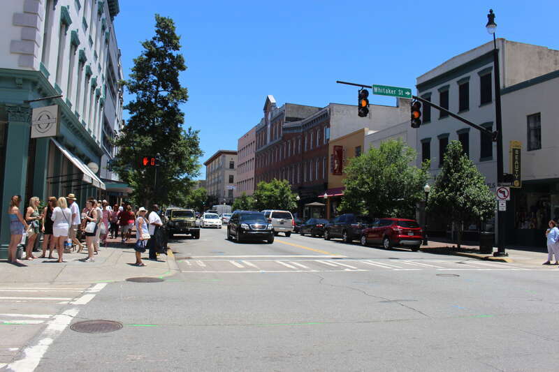 Looking EB on W Broughton St from Whitaker St, Savannah, Chatham County, Georgia