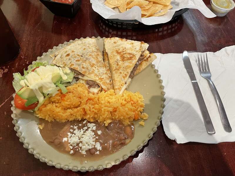 Lunch, El Sazón Mexicano, Valdosta, Lowndes County, Georgia. Lunch consisted of Asada Quesadilla, rice, beans
