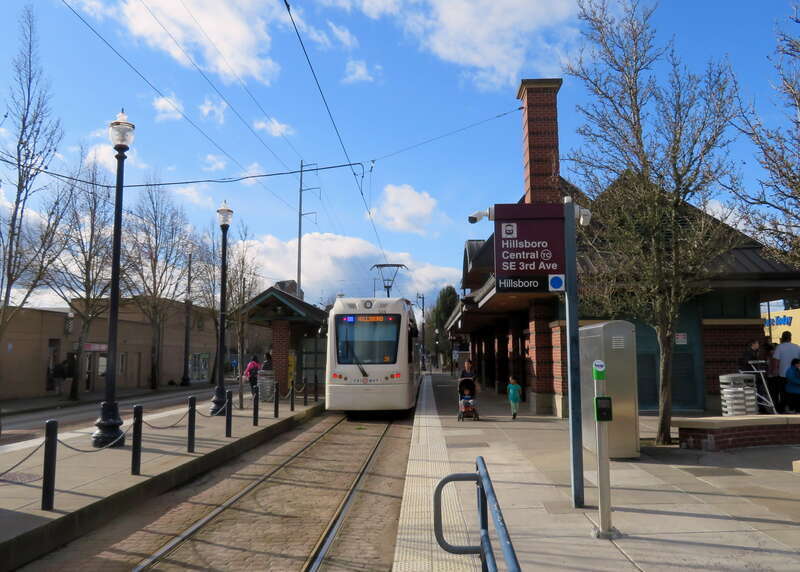 Westbound MAX train at Hillsboro Central Transit Center in February 2018