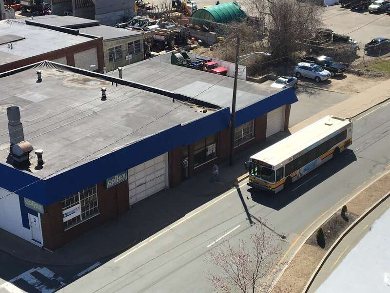 MBTA route 104 bus on Centre Street in April 2018