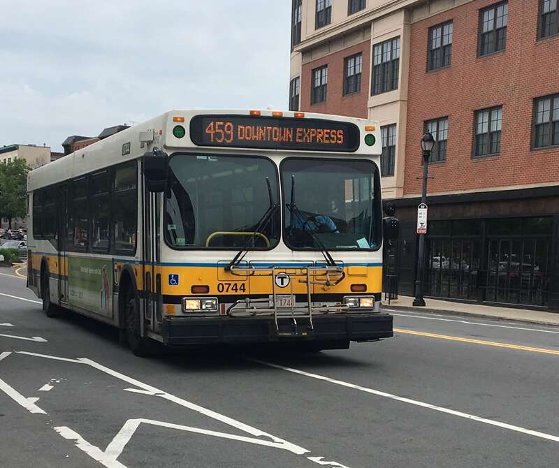 MBTA route 459 bus on New Derby Street in Salem in June 2019