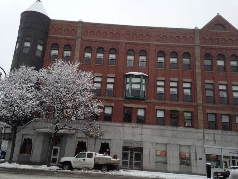 A winter view of the Masonic Temple in Nashua, New Hampsire