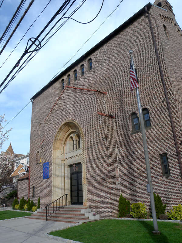 Looking northeast up Avenue C from 40th Street at Bayonne Masonic Lodge on a sunny afternoon.