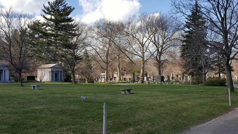 Looking northwest across the southern and west-central portions of Mayfield Cemetery in Cleveland Heights, Ohio.  Mayfield is a small Jewish cemetery adjacent to Lake View Cemetery.