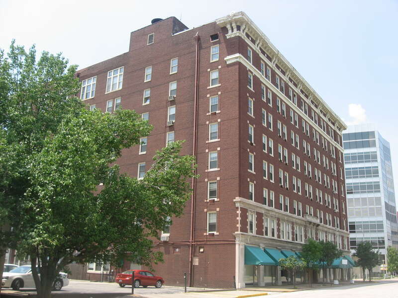 Front and southeastern side of the McCurdy Hotel, located at 101-111 SE. First Street in Evansville, Indiana, United States.  Built in 1916, it is listed on the National Register of Historic Places.