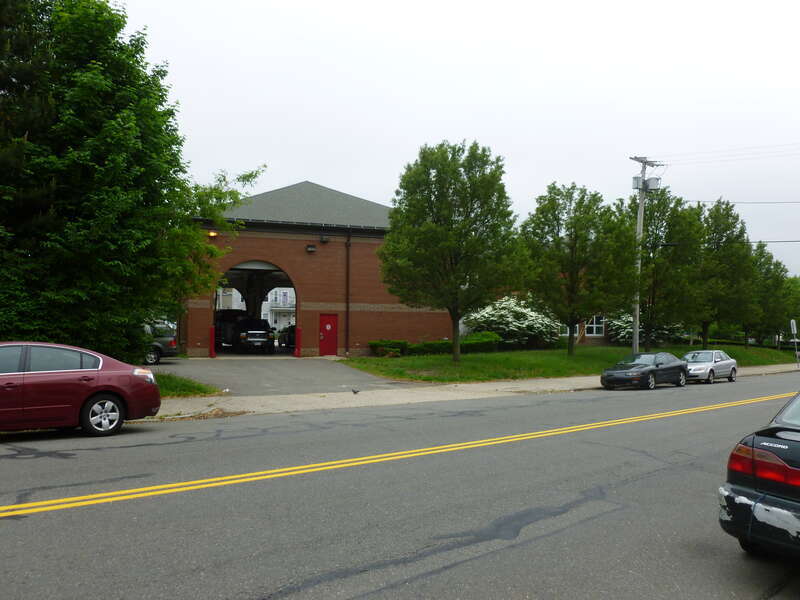 Medford Fire Department firehouse, located at 0 Medford Street, Medford, Massachusetts.  East (back) side -- the Main Street side -- of firehouse shown.