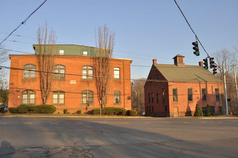 Mill B (left, built in stages 1901-1912) and Mill A (right, built 1814), Wilcox, Crittenden Mill, South Main, Middletown, Connecticut, USA. Now condominiums.