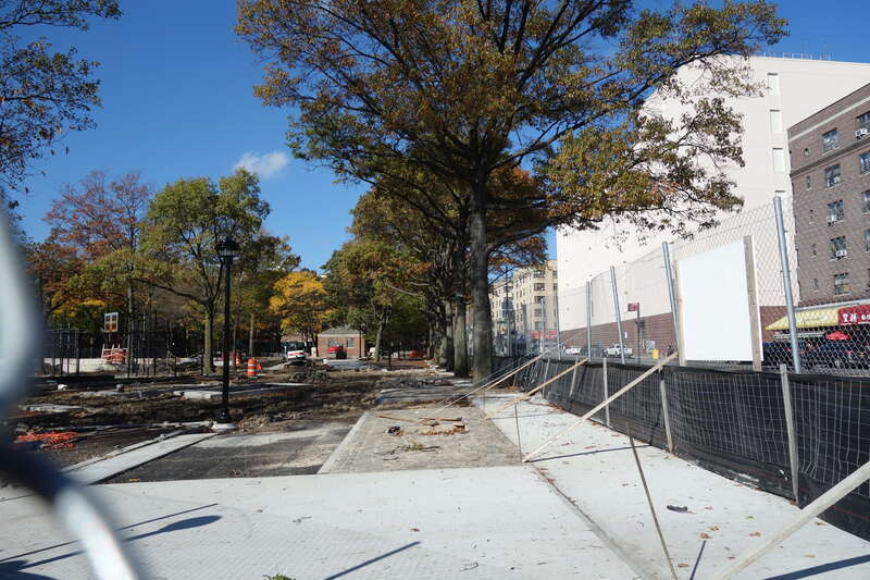 Looking into the south side of Clement Clarke Moore Homestead Playground, on 45th Avenue between Broadway and 82nd Street in Elmhurst, Queens. The entire park is undergoing a major reconstruction project. This area will become the &quot;entry garden&quot;.