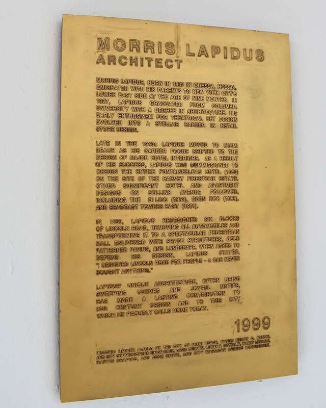 A plaque about Morris Lapidus on Lincoln Road Mall in Miami Beach.