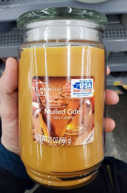 A scented candle, produced by Mainstays, a private label of Walmart, that smells like mulled cider. Picture taken at the Walmart in Dunwoody, Georgia
