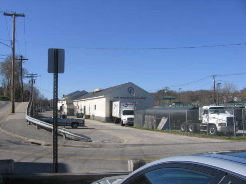 The New England Stair Company building (the former Shelton freight house) along the Housatonic Railroad's New Haven and Derby Extension, at the foot of White Street near Canal Street West.