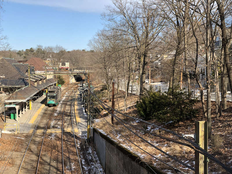 Newton Centre station from bridge Herrick Road bridge with car 3850 at outbound platform