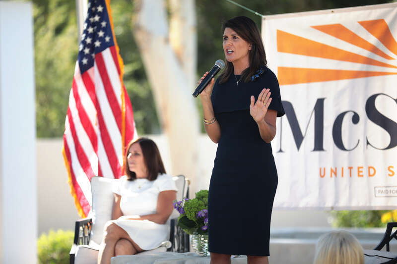 Former United Nations Ambassador Nikki Haley speaking with supporters at a campaign event for U.S. Senator Martha McSally at a home in Scottsdale, Arizona.

Please attribute to Gage Skidmore if used elsewhere.